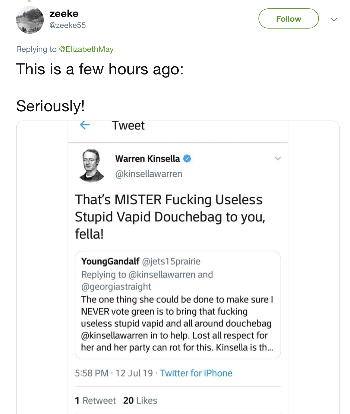 Kinsella swearing on Twitter